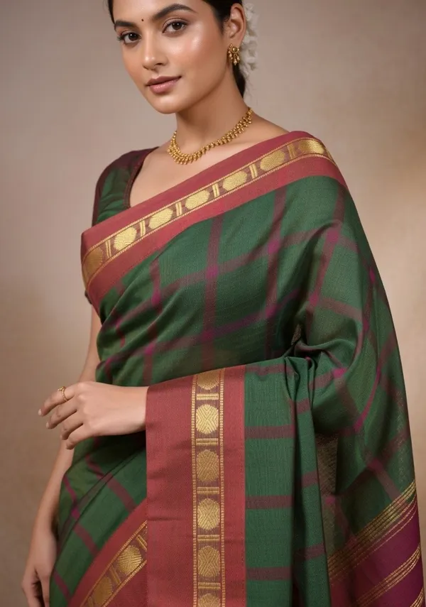 Dark_mehandi_with_maroon_border_pure_cotton_gadwala_saree_over_checks_dolor_design_border_saree