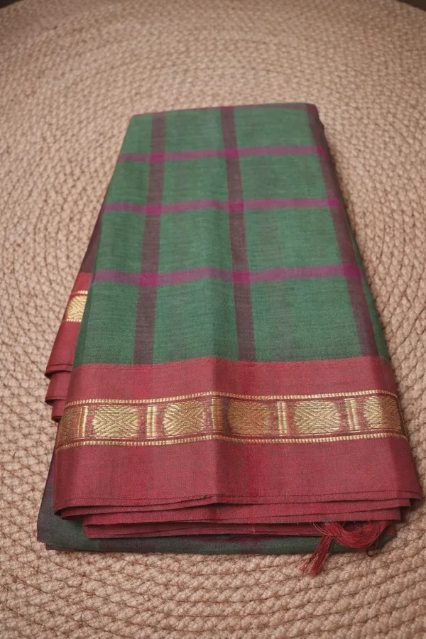Dark_mehandi_with_maroon_border_pure_cotton_gadwala_saree_over_checks_dolor_design_border_saree