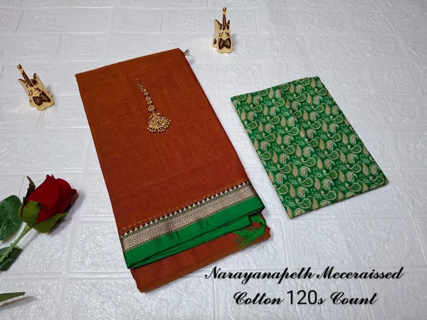 Deep_Orrange_Gouthami_Narayanpet_CottonMasarasaised__Saee_With_Kalamkari_1_Meter_Matching_Blouse_Free_For_Women