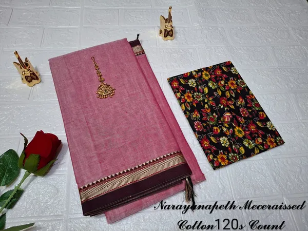 Dusty_Rose_Gouthami_Narayanpet_CottonMasarasaised__Saee_With_Kalamkari_1_Meter_Matching_Blouse_Free_For_Women