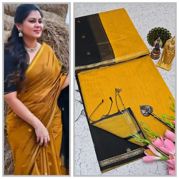 Golden_Yellow_Wiith_Black_Pallu_Maheshwari_Silk_Cotton_Saree_With_Kalamakari_1_Meter_Blouse_Free