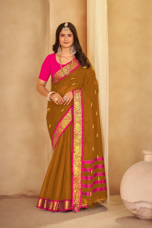 Wooden_Brown_Komal_Collection_Pure_Cotton_Saree_And_Kalamkari_1_Meter_Matching_Blouse_Free_For_Women