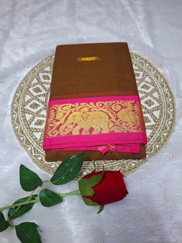Wooden_Brown_Komal_Collection_Pure_Cotton_Saree_And_Kalamkari_1_Meter_Matching_Blouse_Free_For_Women