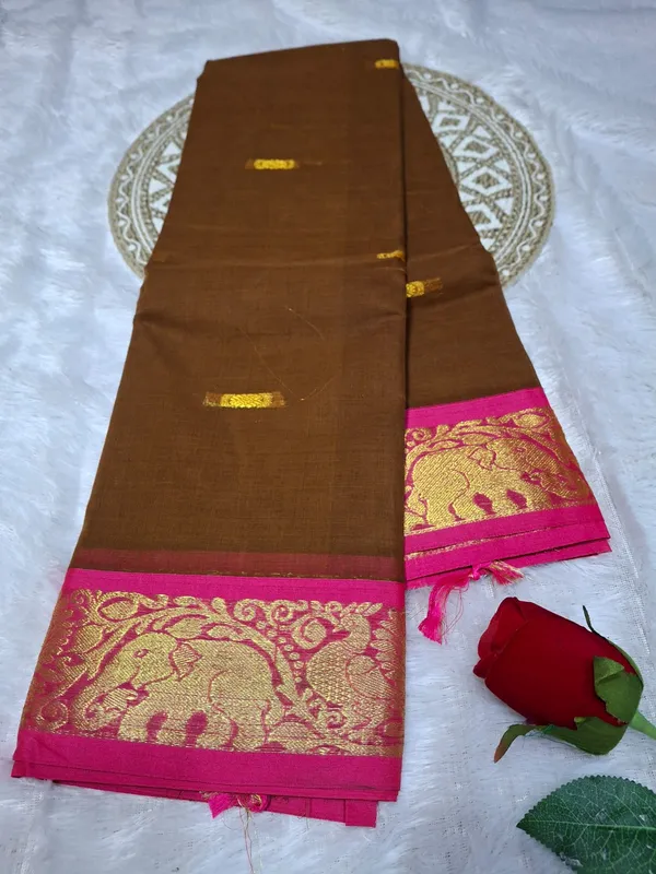 Wooden_Brown_Komal_Collection_Pure_Cotton_Saree_And_Kalamkari_1_Meter_Matching_Blouse_Free_For_Women