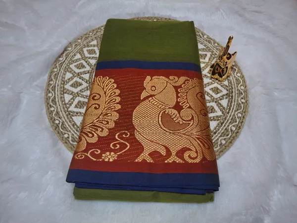 Moss_Mehandi_Chettinadu_Pure_Cotton_Saree_With_Kalamkari_1_Meter_Blouse_Free_For_Women