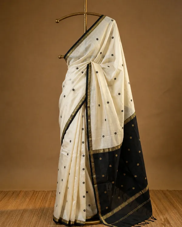 Off_-_white_Maheshwari_cotton_silk_saree_with_contrast_blouse,_1_meter_pure_kalamakari_blouse_free_for_women._