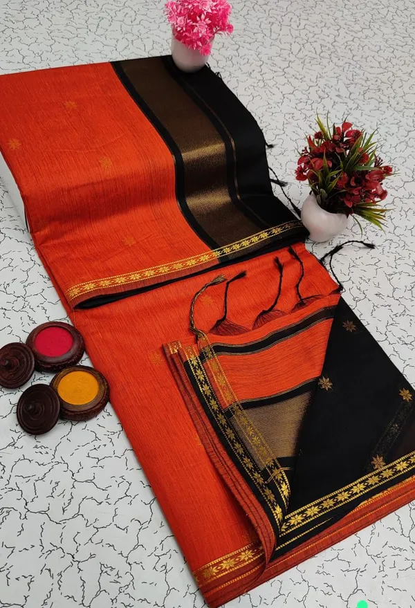 Orrange_With_Black_Pallu_Maheshwari_Silk_Cotton_Saree_With_Kalamakari_1_Meter_Blouse_Free_For_Women