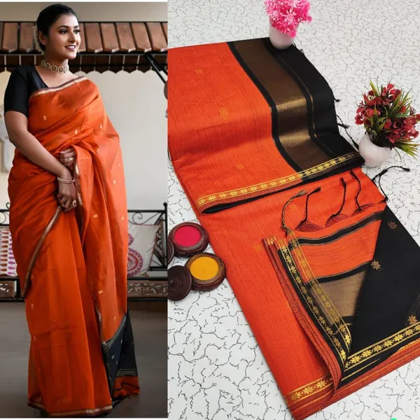 Orrange_With_Black_Pallu_Maheshwari_Silk_Cotton_Saree_With_Kalamakari_1_Meter_Blouse_Free_For_Women