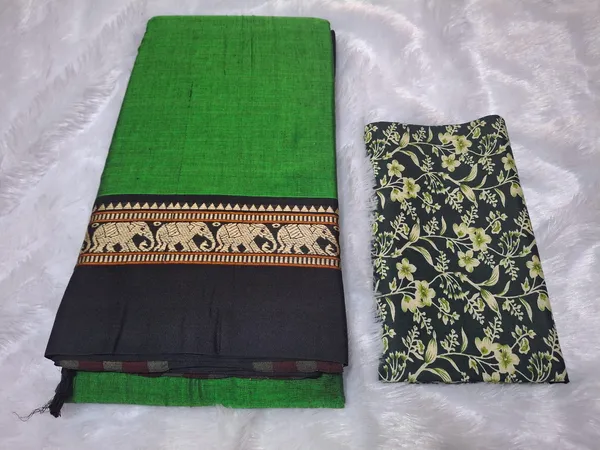 Paroot_Green_Samruddhi_Collection_Narayanpet_CottonMasarasaised__Saree_And_Kalamkari_1_Meter_Matching_Blouse_Free_For_Women
