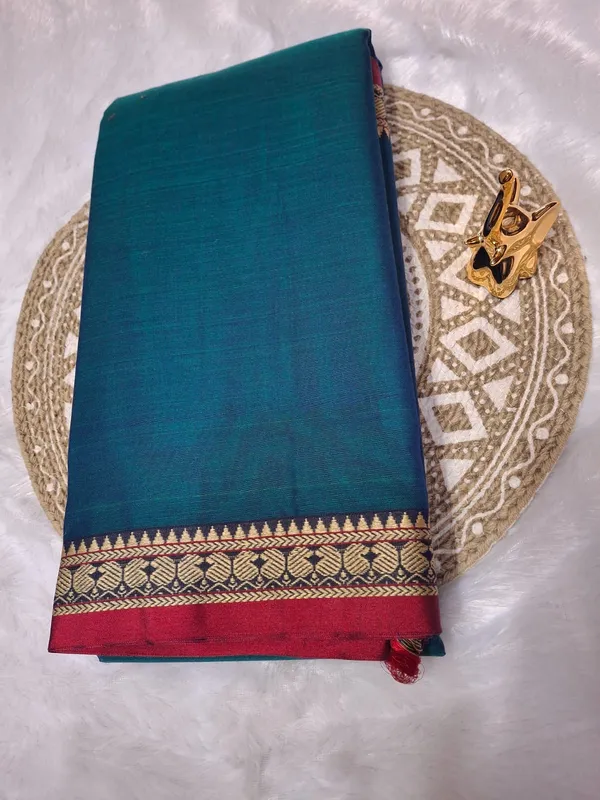 Peacock_Blue_Kalyani_Narayan_Peth_Masarasaised__Cotton_With_Kalamkari_1_Meter_Matching_Blouse_Free_For_Women
