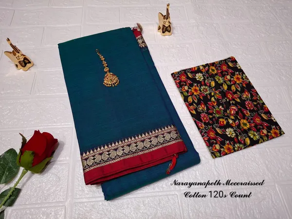 Peacock_Blue_Kalyani_Narayan_Peth_Masarasaised__Cotton_With_Kalamkari_1_Meter_Matching_Blouse_Free_For_Women