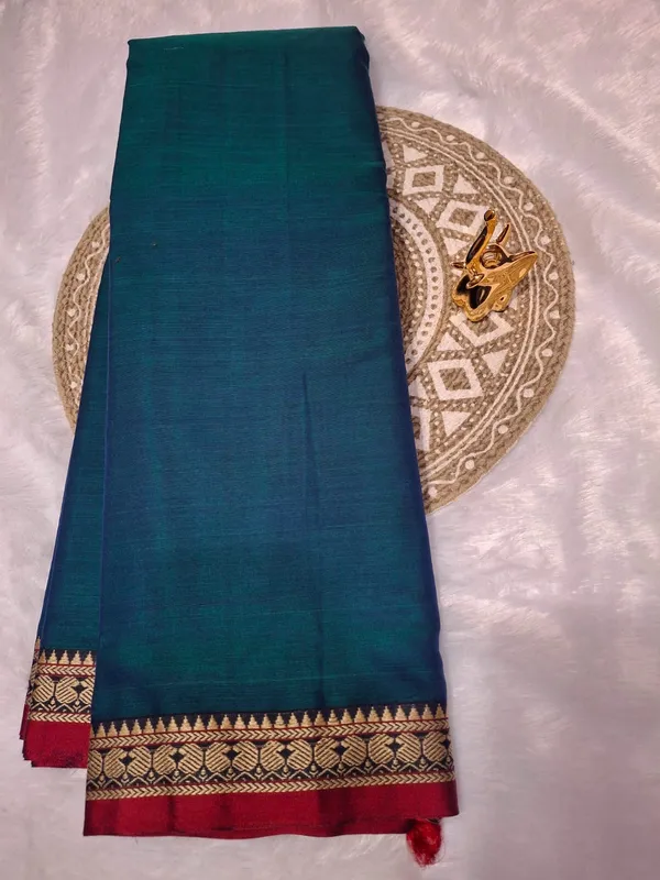Peacock_Blue_Kalyani_Narayan_Peth_Masarasaised__Cotton_With_Kalamkari_1_Meter_Matching_Blouse_Free_For_Women