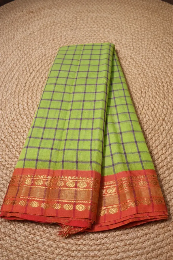 Pista_with_red_border_pure_cotton_saree_gadawala_cheks_dollor_border_saree