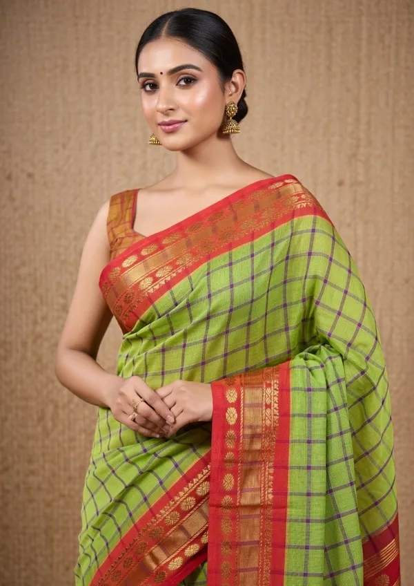 Pista_with_red_border_pure_cotton_saree_gadawala_cheks_dollor_border_saree