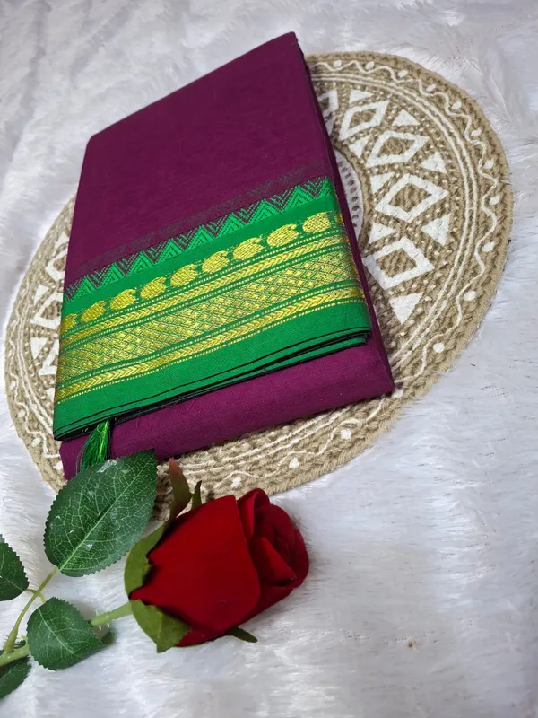 Purple_Kajal_Collection_Pure_Cotton_Saree_And_Kalamkari_1_Meter_Matching_Blouse_Free_For_Women