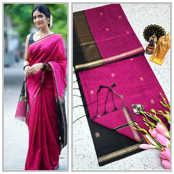 Rani_Pink_With_Black_Pallu_Aditi_Mahehwari_Silk_Cotton_Saree_With_Kalamkari_1_Meter_Blouse_Free_For_Women
