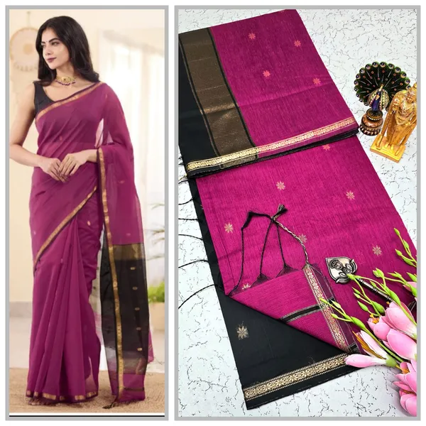 Rani_Pink_With_Black_Pallu_Aditi_Mahehwari_Silk_Cotton_Saree_With_Kalamkari_1_Meter_Blouse_Free_For_Women