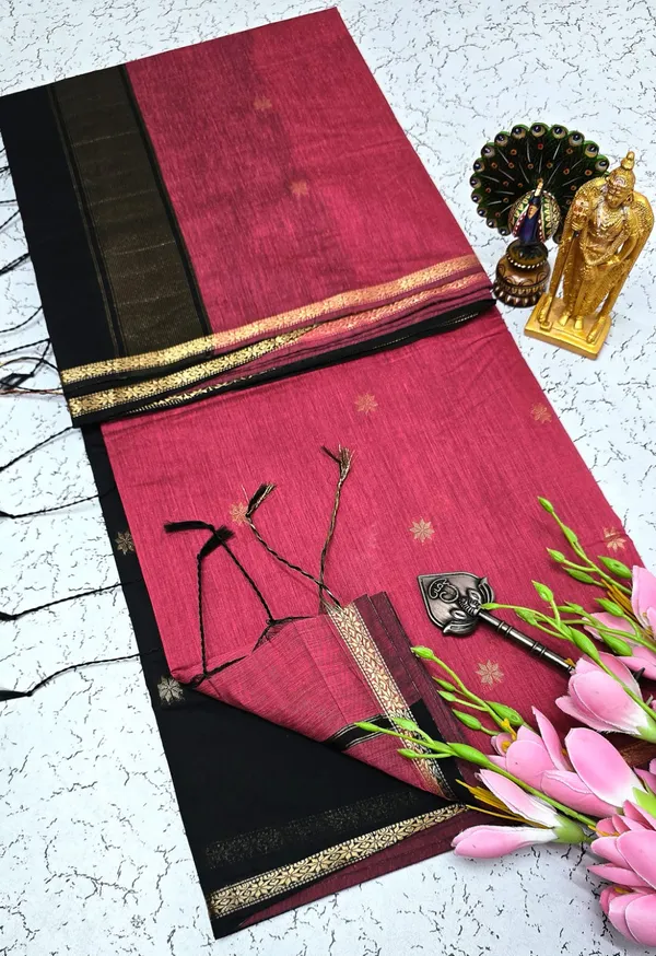 Rani_Pink_With_Black_Pallu_Aditi_Mahehwari_Silk_Cotton_Saree_With_Kalamkari_1_Meter_Blouse_Free_For_Women