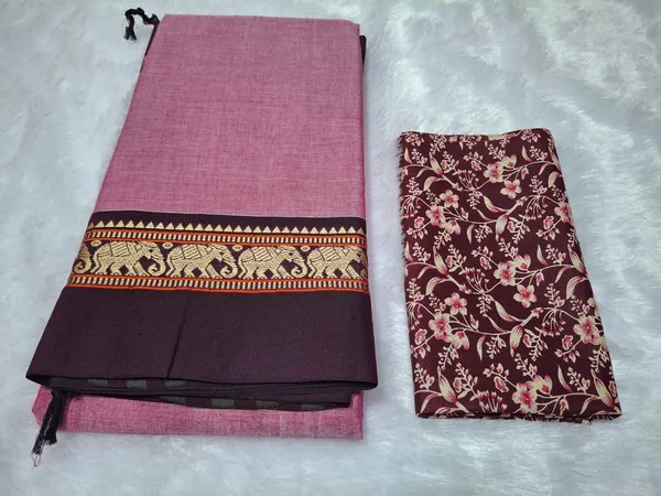 Rose_Pink_With_Coffee_Border_Narayanpeth_CottonMasarasaised__Saree_With_Kalamkari_1_Meter_Matching_Blouse_Free_For_Women