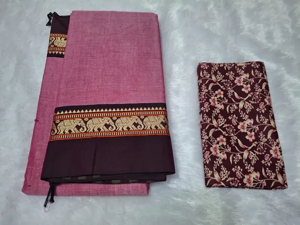 Rose_Pink_With_Coffee_Border_Narayanpeth_CottonMasarasaised__Saree_With_Kalamkari_1_Meter_Matching_Blouse_Free_For_Women