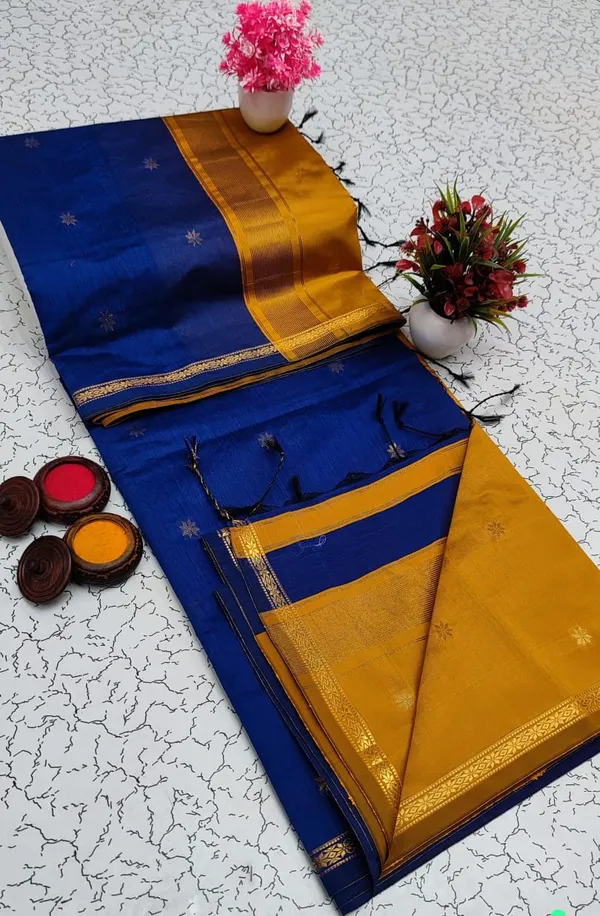Royal_Blue_With_Yelllow_Pallu_Aditi_Mahehwari_Silk_Cotton_Saree_With_Kalamkari_1_Meter_Blouse_Free_For_Women