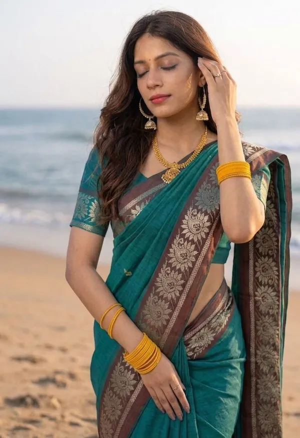 Teal_with_contrast_border_and_chitt_pallu_with_contrast_adya_pure_cotton_saree.