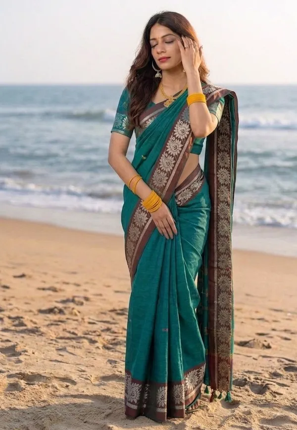 Teal_with_contrast_border_and_chitt_pallu_with_contrast_adya_pure_cotton_saree.