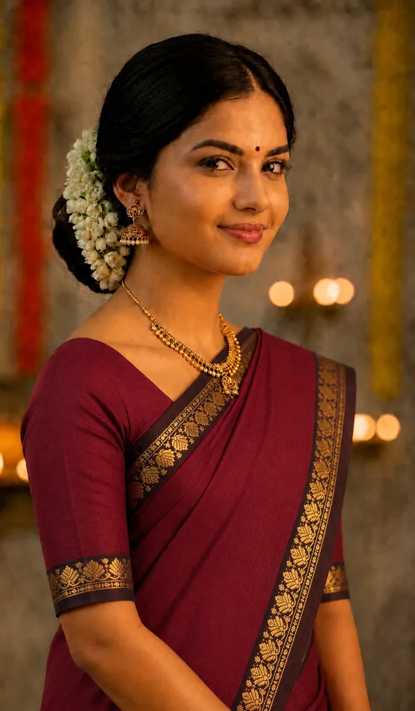 Tulasi_Saree_–_Dark_Maroon__Pure_Chettinadu_Cotton_Saree_with_Running_Blouse