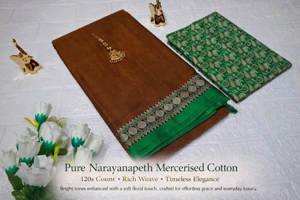 Wooden_Brown_Gopika_Narayanpet_Cotton_Masarasaised__And_Kalamkari_1_Meter_Matching_Blouse_Free_For_Women