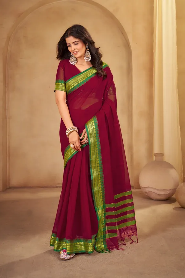 Maroon_Kajal_Collection_Pure_Cotton_Saree_And_Kalamkari_1_Meter_Matching_Blouse_Free_For_Women