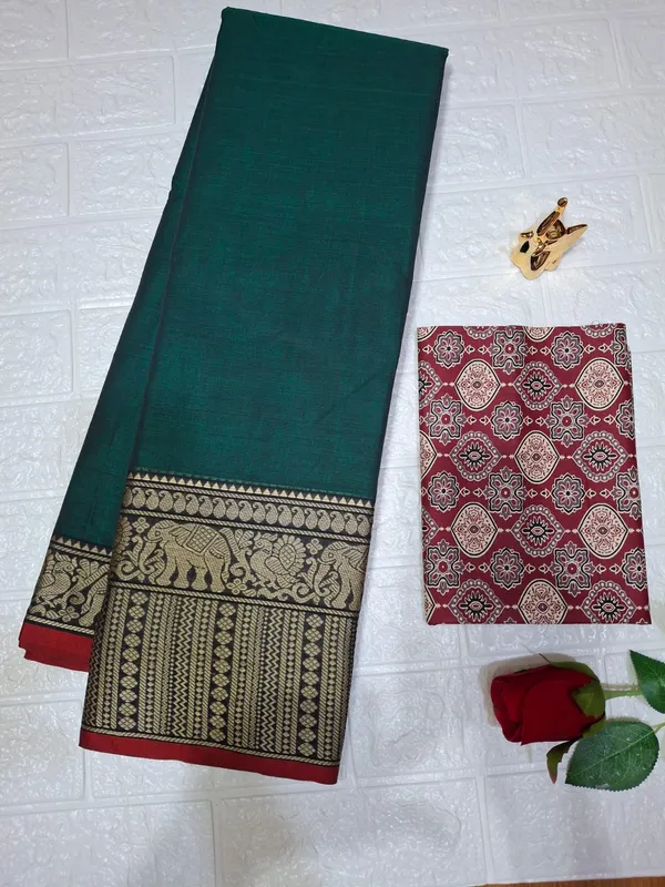 Bottle_Green_Soundarya_Collection_And_Kalamkari_1_Meter_Matching_Blouse_Free_For_Women