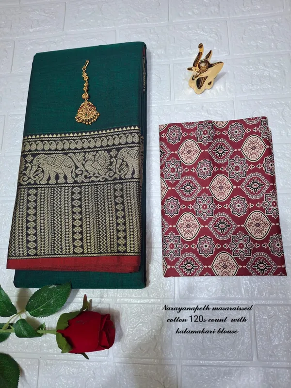 Bottle_Green_Soundarya_Collection_And_Kalamkari_1_Meter_Matching_Blouse_Free_For_Women