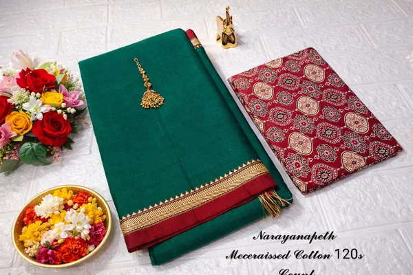 Bottle_Green_Gouthami_Narayanpet_CottonMasarasaised__And_Kalamkari_1_Meter_Matching_Blouse_Free_For_Women