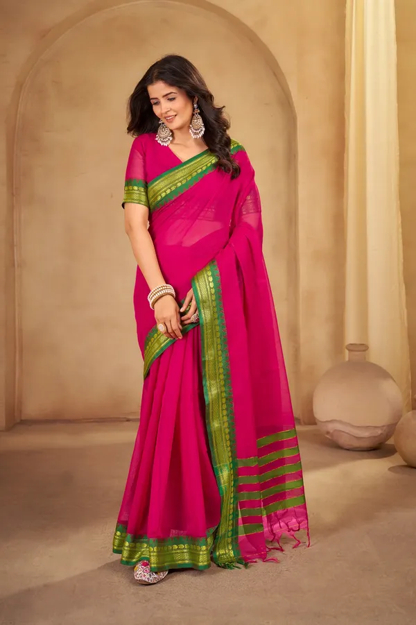 Pink_Kajal_Collection_Pure_Cotton_Saree_And_Kalamkari_1_Meter_Matching_Blouse_Free_For_Women