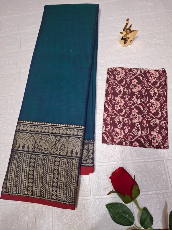 Peacock_Blue_Soundarya_Collection_And_Kalamkari_1_Meter_Matching_Blouse_Free_For_Women