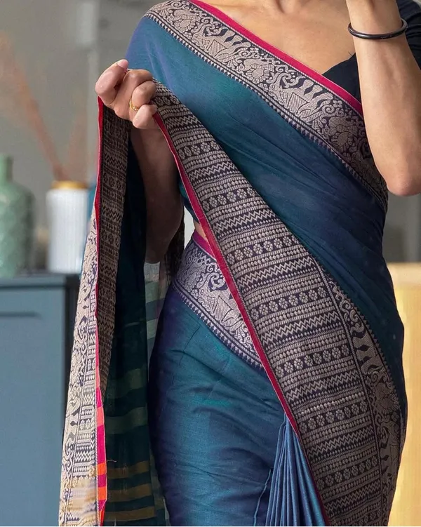 Peacock_Blue_Soundarya_Collection_And_Kalamkari_1_Meter_Matching_Blouse_Free_For_Women