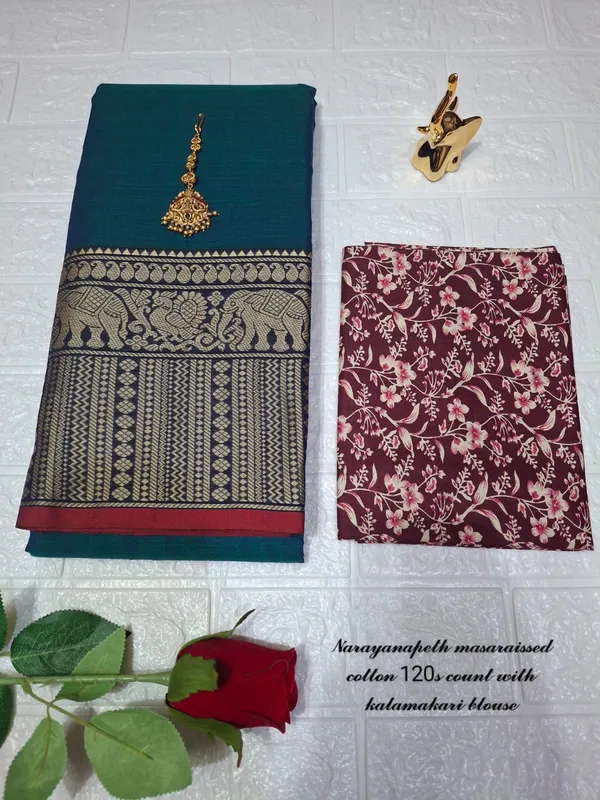 Peacock_Blue_Soundarya_Collection_And_Kalamkari_1_Meter_Matching_Blouse_Free_For_Women
