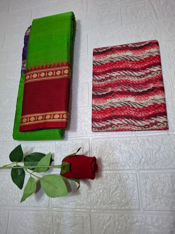 Parrot_Green_Gnga_Jamuna_Arani_Gass_CottonMasarasaised__Saree_With_Kalamkari_1_Meter_Blouse_Free_For_Women