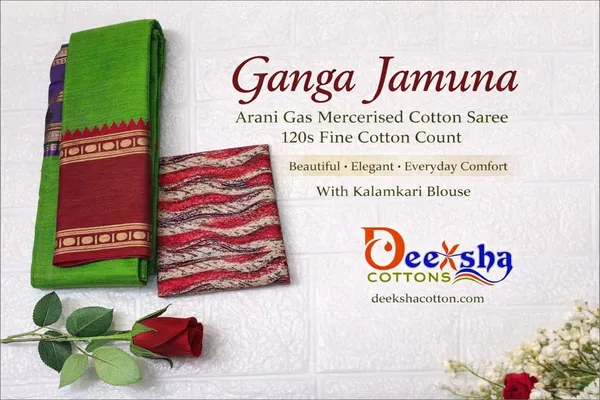 Parrot_Green_Gnga_Jamuna_Arani_Gass_CottonMasarasaised__Saree_With_Kalamkari_1_Meter_Blouse_Free_For_Women