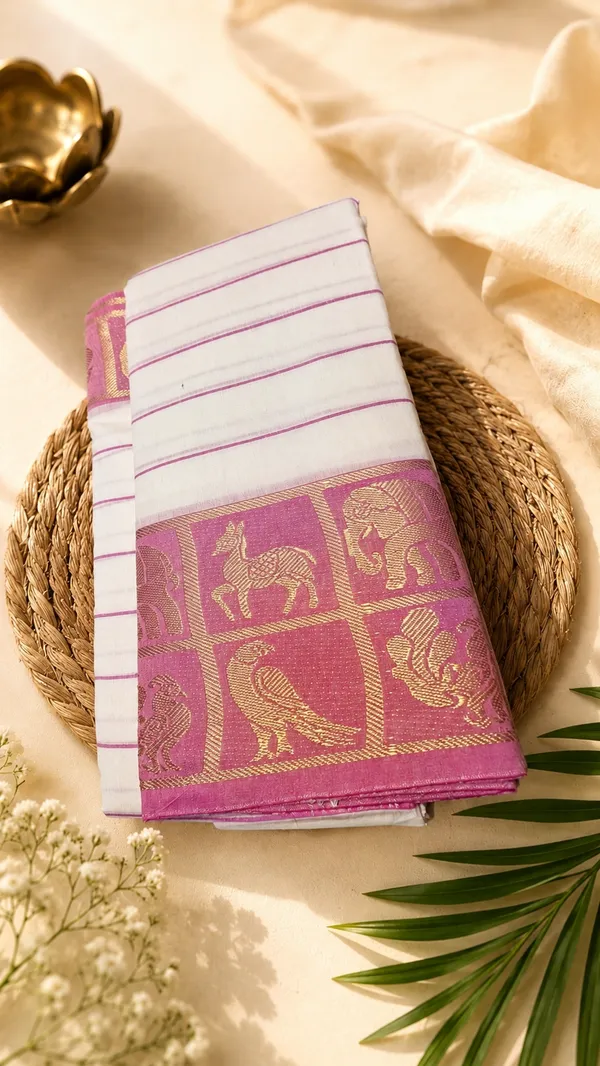 USHA__-_Beige_saree_Rani_pink__Heritage_Acrylic_Cotton_Saree_with_running_blouse_-_Saree_over_Streeps_