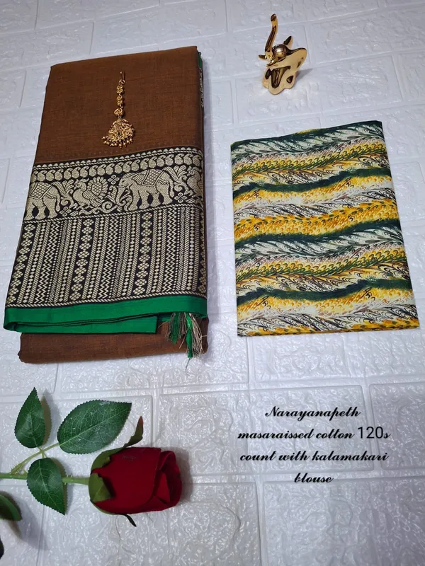 Wooden_Brown_Soundarya_Collection_And_Kalamkari_1_Meter_Matching_Blouse_Free_For_Women
