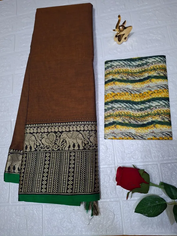 Wooden_Brown_Soundarya_Collection_And_Kalamkari_1_Meter_Matching_Blouse_Free_For_Women