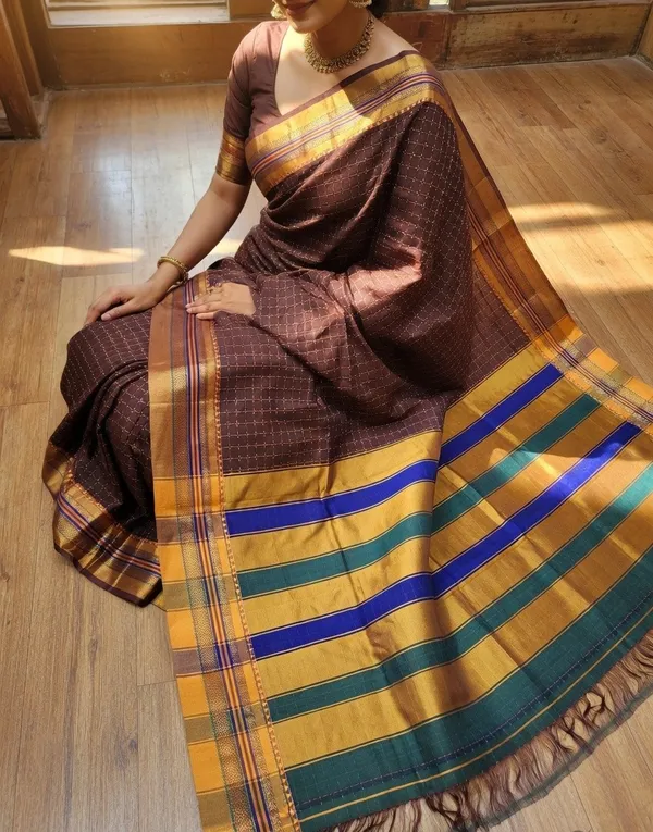 Coffee_Brown_Cotton_Chadurang_Chikki_Star_Plus_Saree