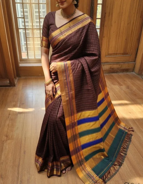Coffee_Brown_Cotton_Chadurang_Chikki_Star_Plus_Saree