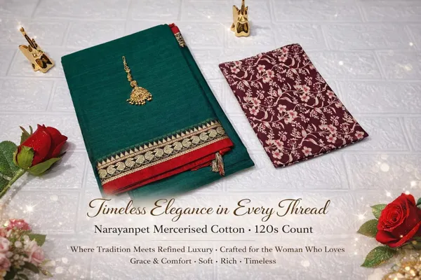 Bottle_Green_Kalyani_Narayan_Peth_Masarasaised__Cottonand_Kalamkari_1_Meter_Matching_Blouse_Free_For_Women