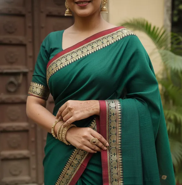 Bottle_Green_Kalyani_Narayan_Peth_Masarasaised__Cottonand_Kalamkari_1_Meter_Matching_Blouse_Free_For_Women