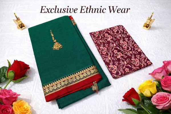 Bottle_Green_Kalyani_Narayan_Peth_Masarasaised__Cottonand_Kalamkari_1_Meter_Matching_Blouse_Free_For_Women