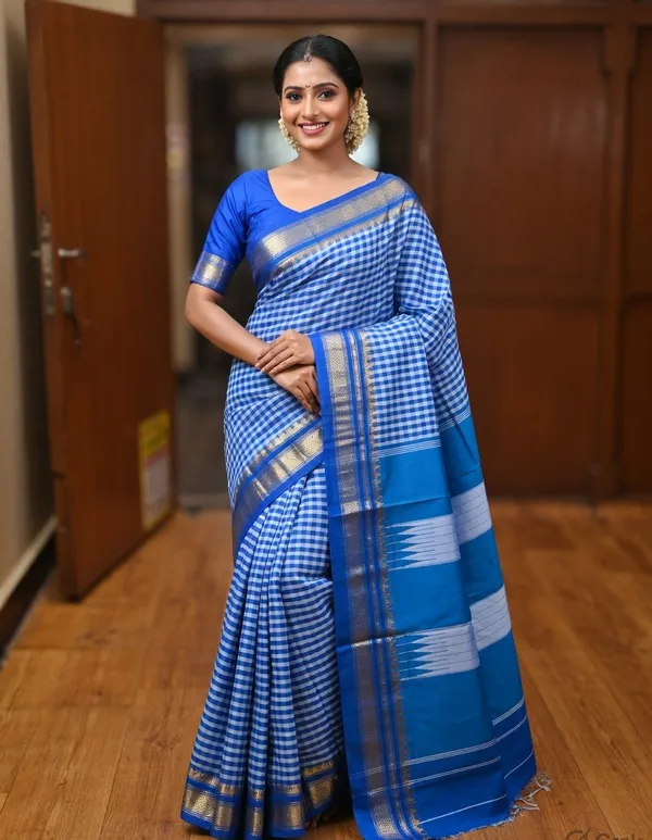 Small_Check_Cotton_Silk_Saree_With_Tope_Teni_Pallu_-_Original_Quality
