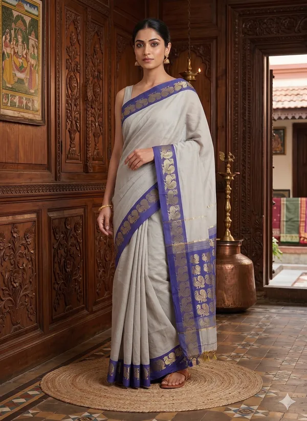 Beige_cream_with_Violet_border_pure_cotton_saree
