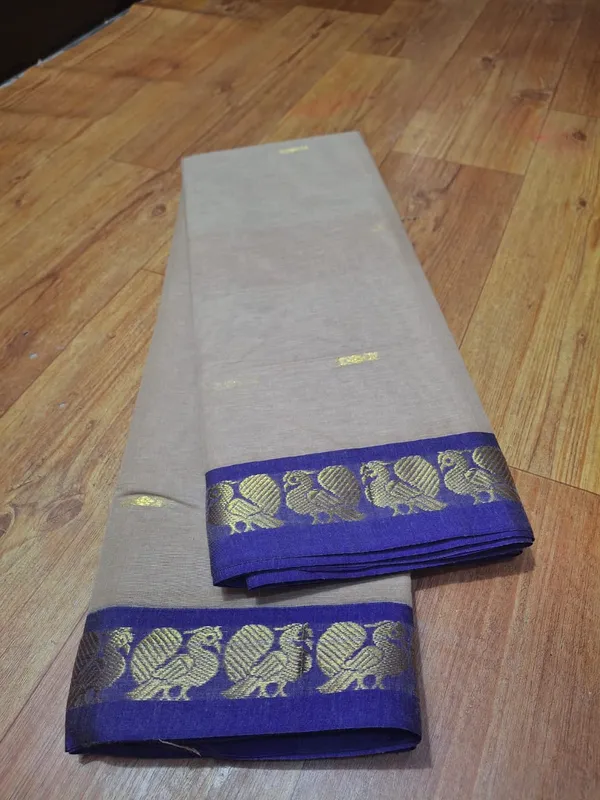 Beige_cream_with_Violet_border_pure_cotton_saree